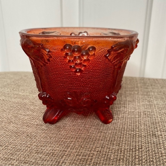 JEANETTE Red Footed Dish, Pressed Glass with Grape Design, 3.5” tall - Picture 2 of 6